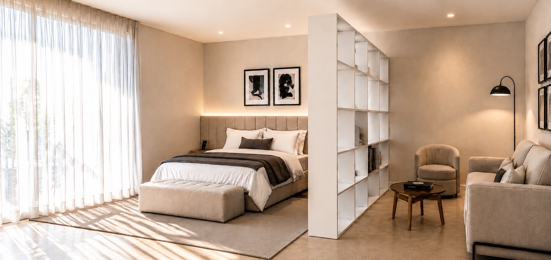 Quarto com cabeceira estofada por medida e iluminação indireta na Casa Peral em Melides por Alexia Almeida Interior Design