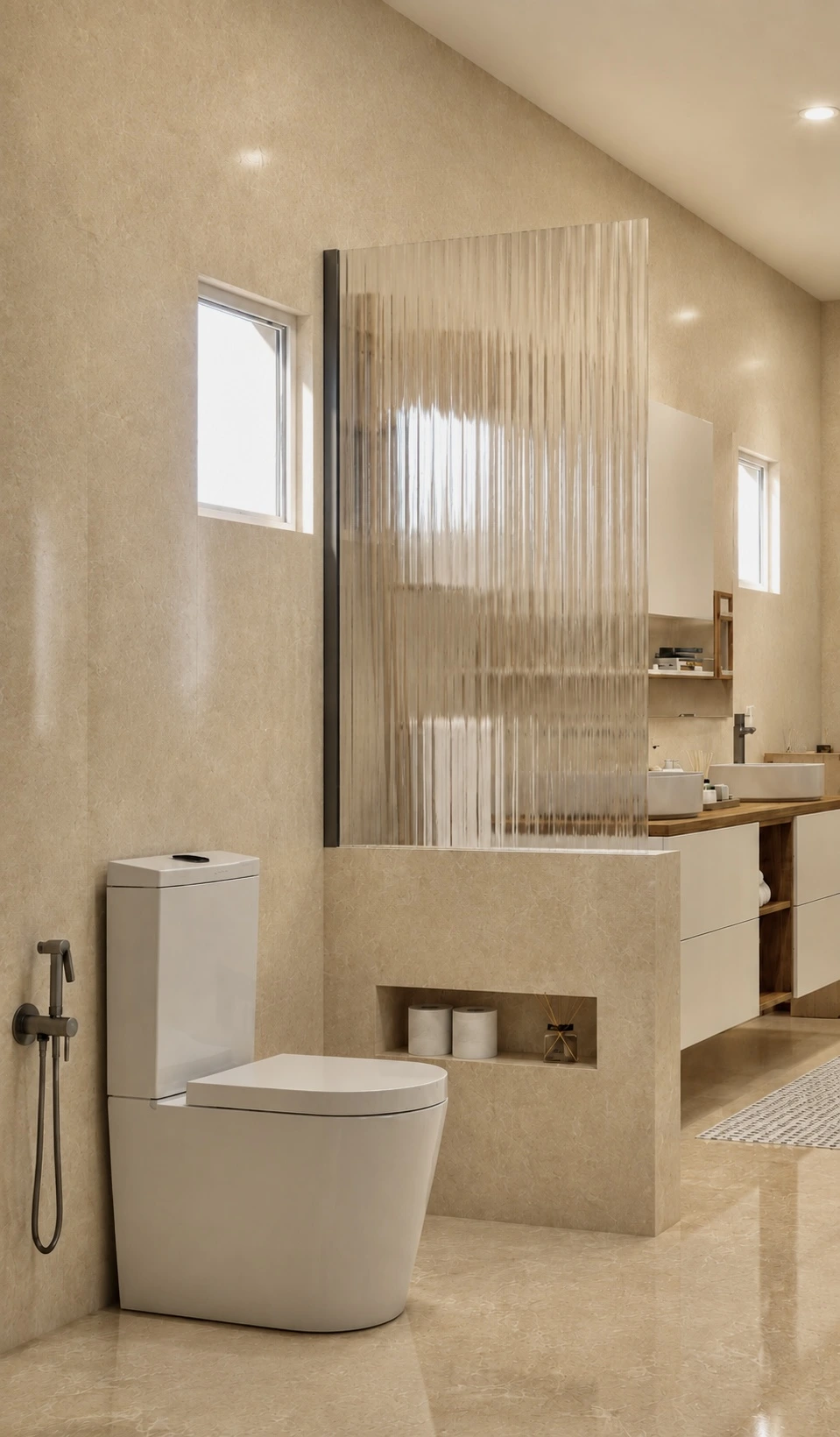 Instalações Sanitárias – zona de duche com revestimento cerâmico e torneira de duche encastrada