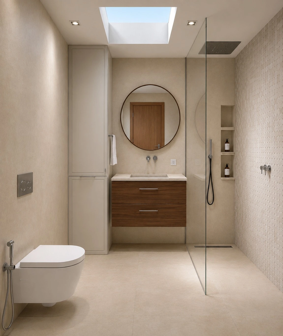 Instalação sanitária de apoio – zona de duche com mosaico no projeto Cascais Residence