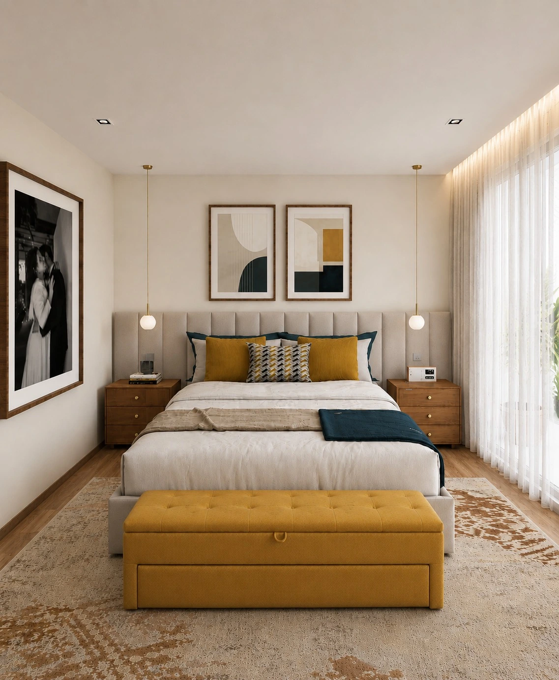 Suíte Master – visão frontal da cama e cabeceira estofada no projeto Cascais Residence