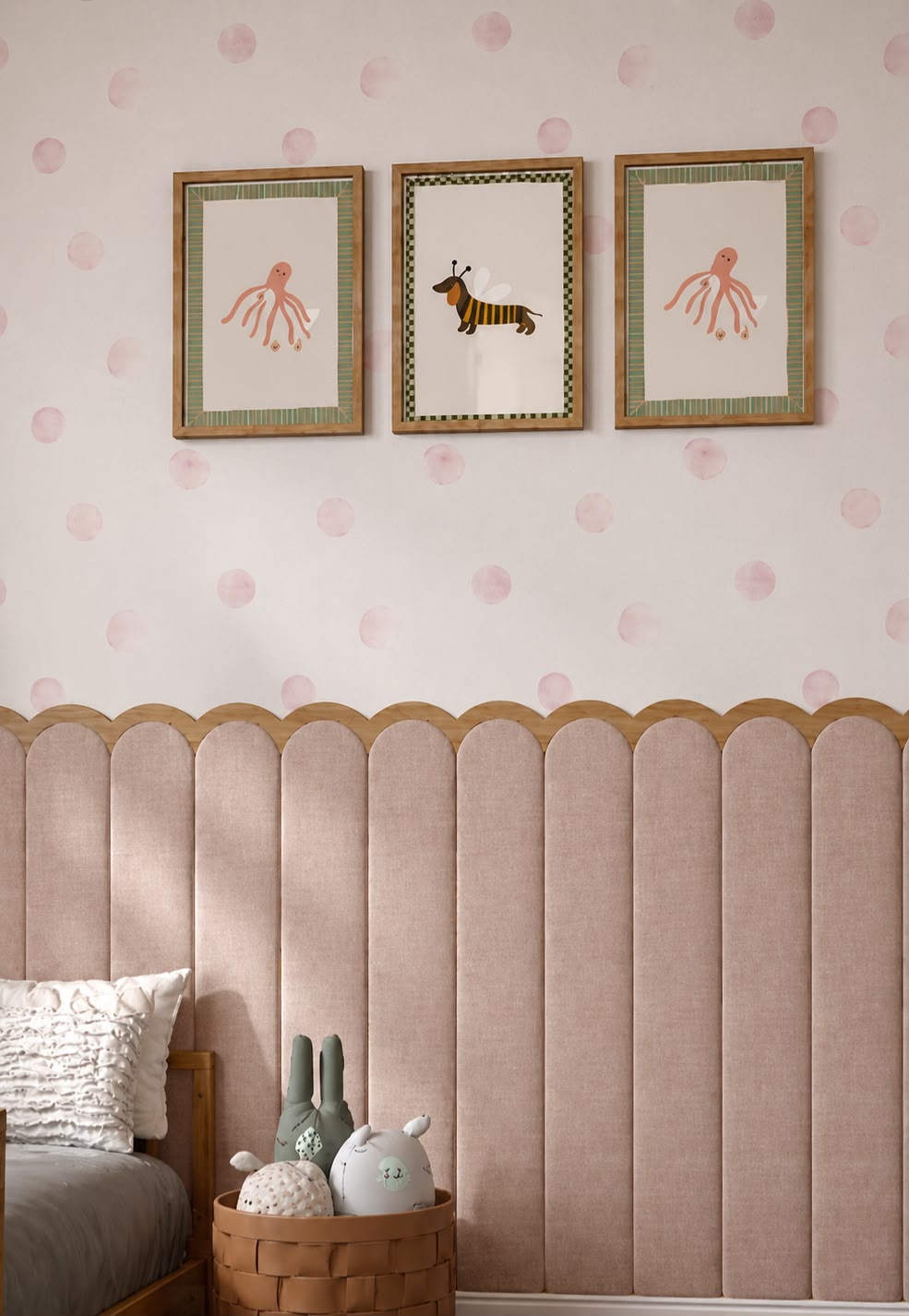 Painel de parede estofado em rosa suave com painéis arredondados e ilustrações emolduradas no quarto infantil Tiny Bloom