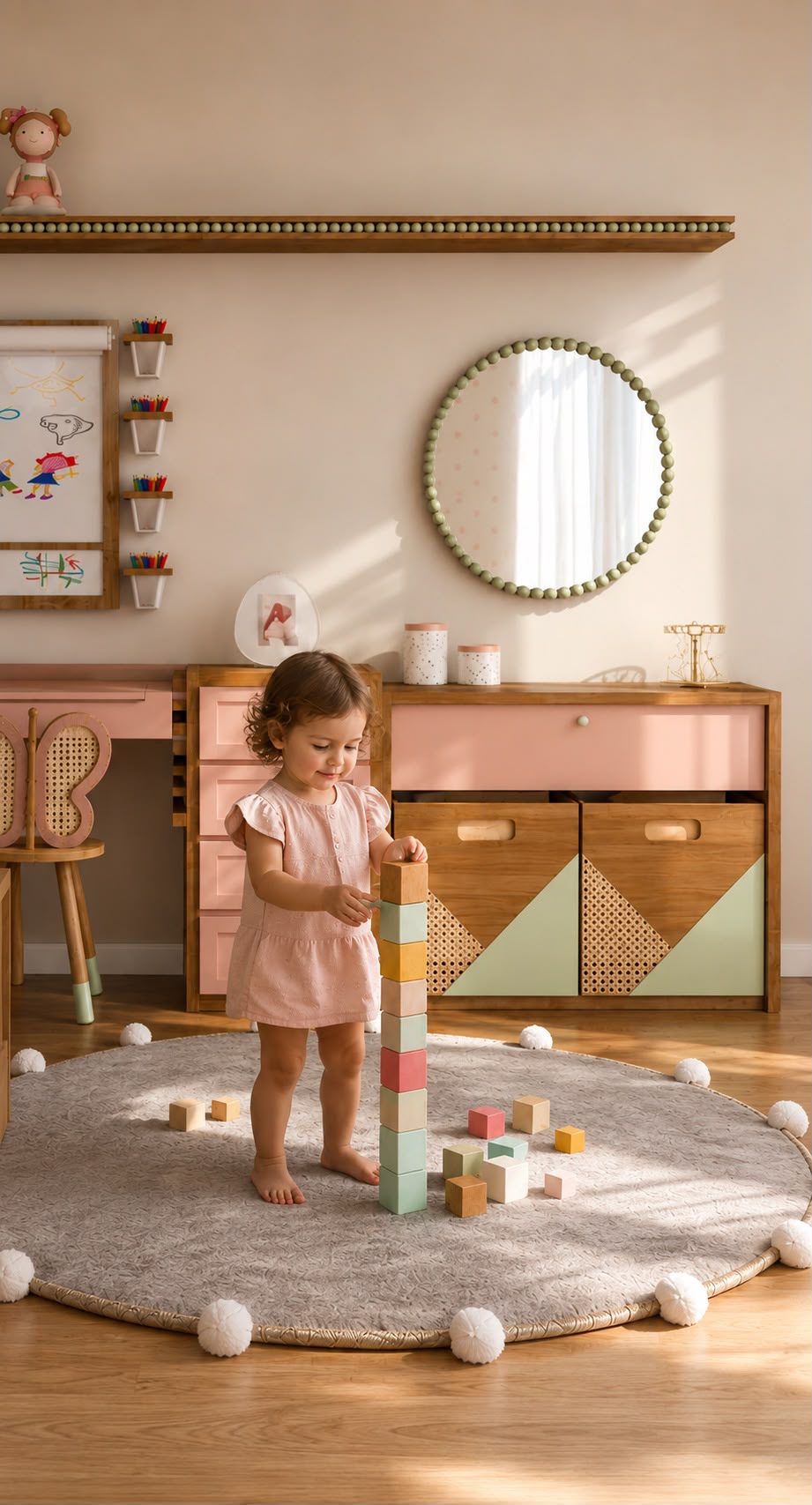 Criança a brincar com blocos coloridos na área de brincar do quarto infantil Tiny Bloom, com móveis em madeira e rosa